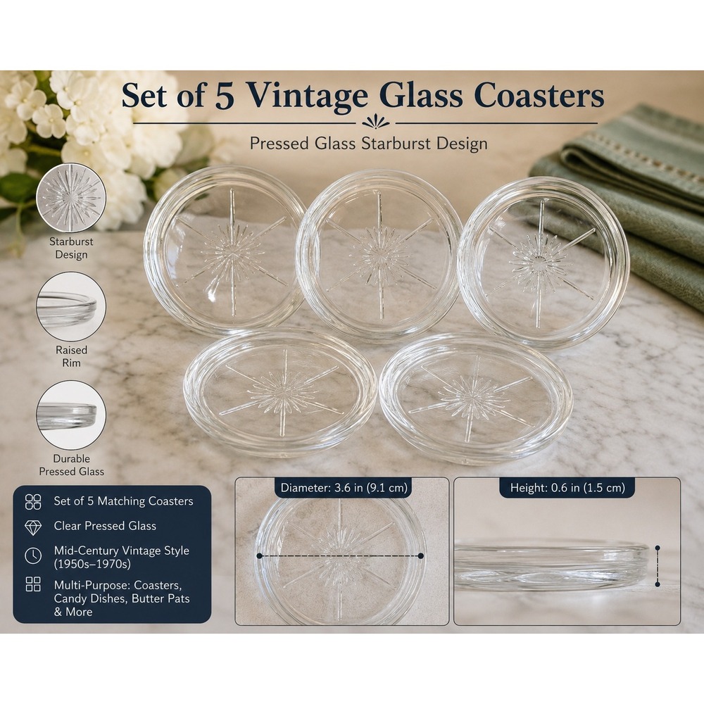 Vintage Clear Glass Starburst Coasters Set of 5 Round Sunburst Pressed Glass